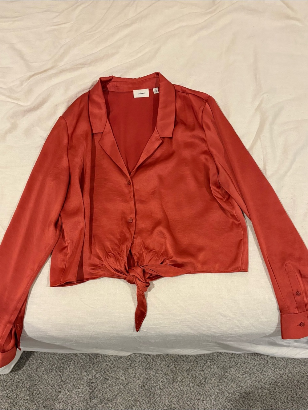 Aritzia Satin Tie-Front Blouse in Rich Red